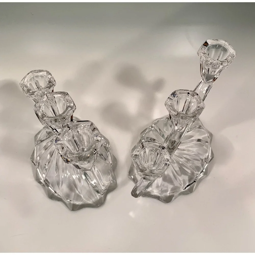 Set of 2 Anna Hutte Bleikristall 3-Light Candlesticks Cascading Glass Waves